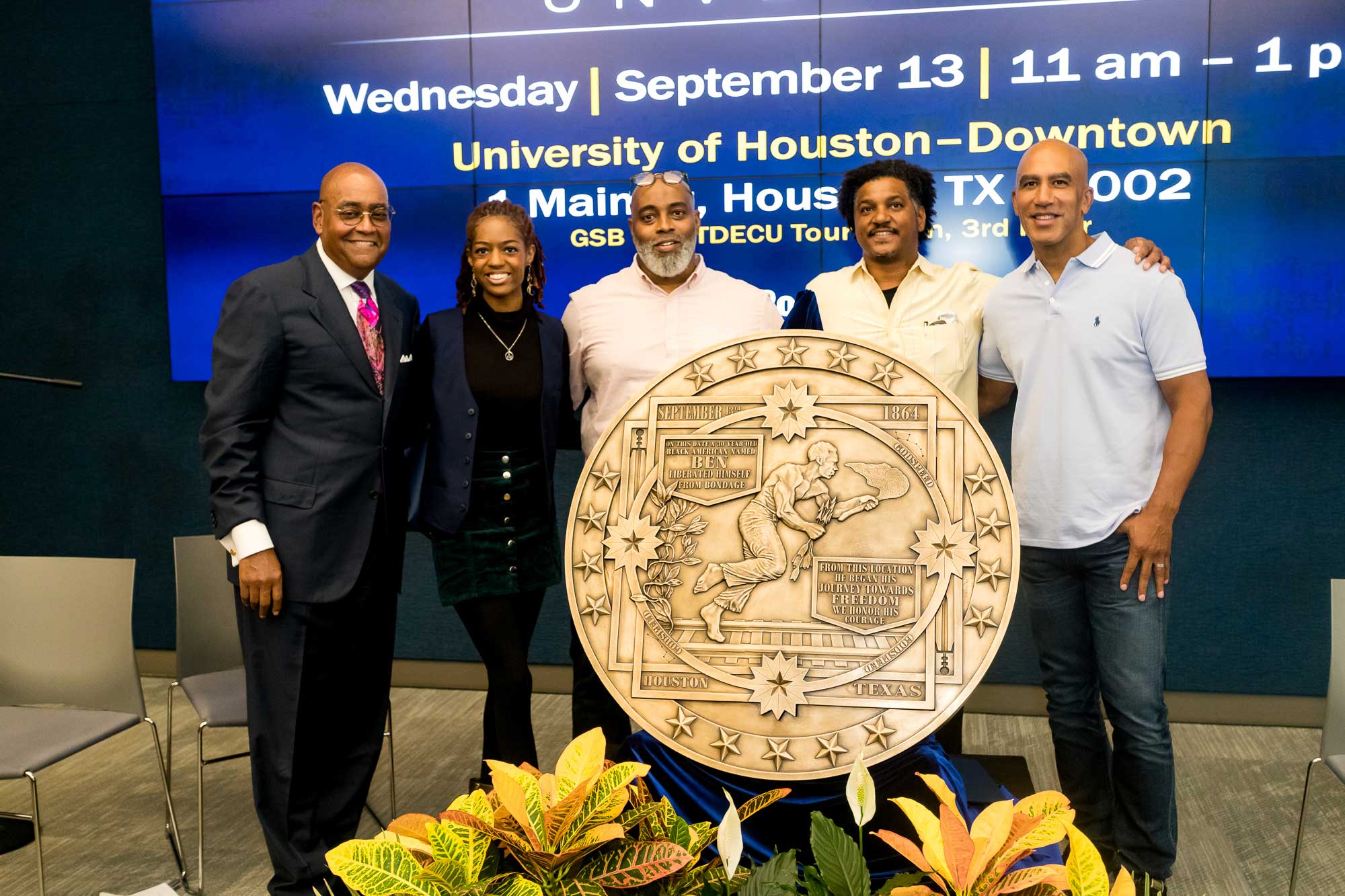 The Ben Freedom Marker Unveiling. From Left to Right:Rodney Ellis – Harris County Commissioner, Aris Kian Brown – Houston Poet Laureate, Jabari Anderson – Artist, Angelbert Metoyer – Artist, Bill Perkins – Visionary